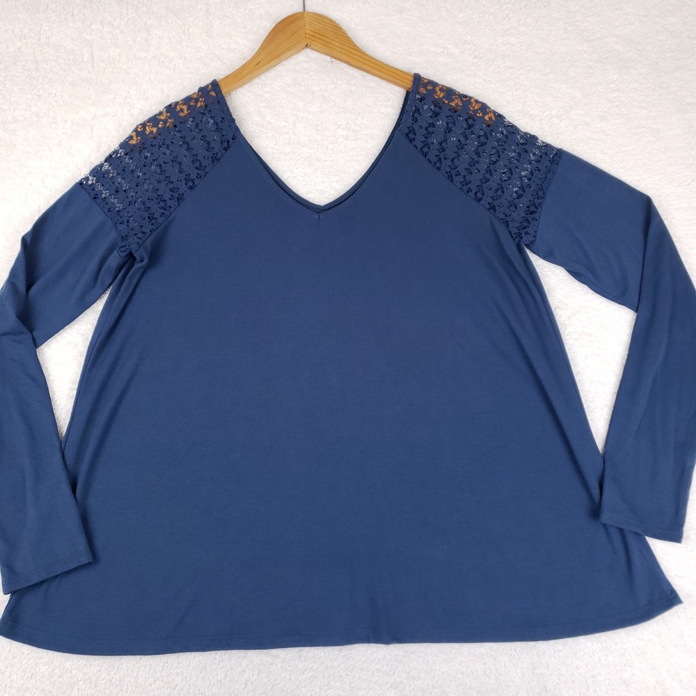 Bongo Womens Blue Lace Shoulder V-Neck Long Sleeve Top Size M Boho Rockabilly